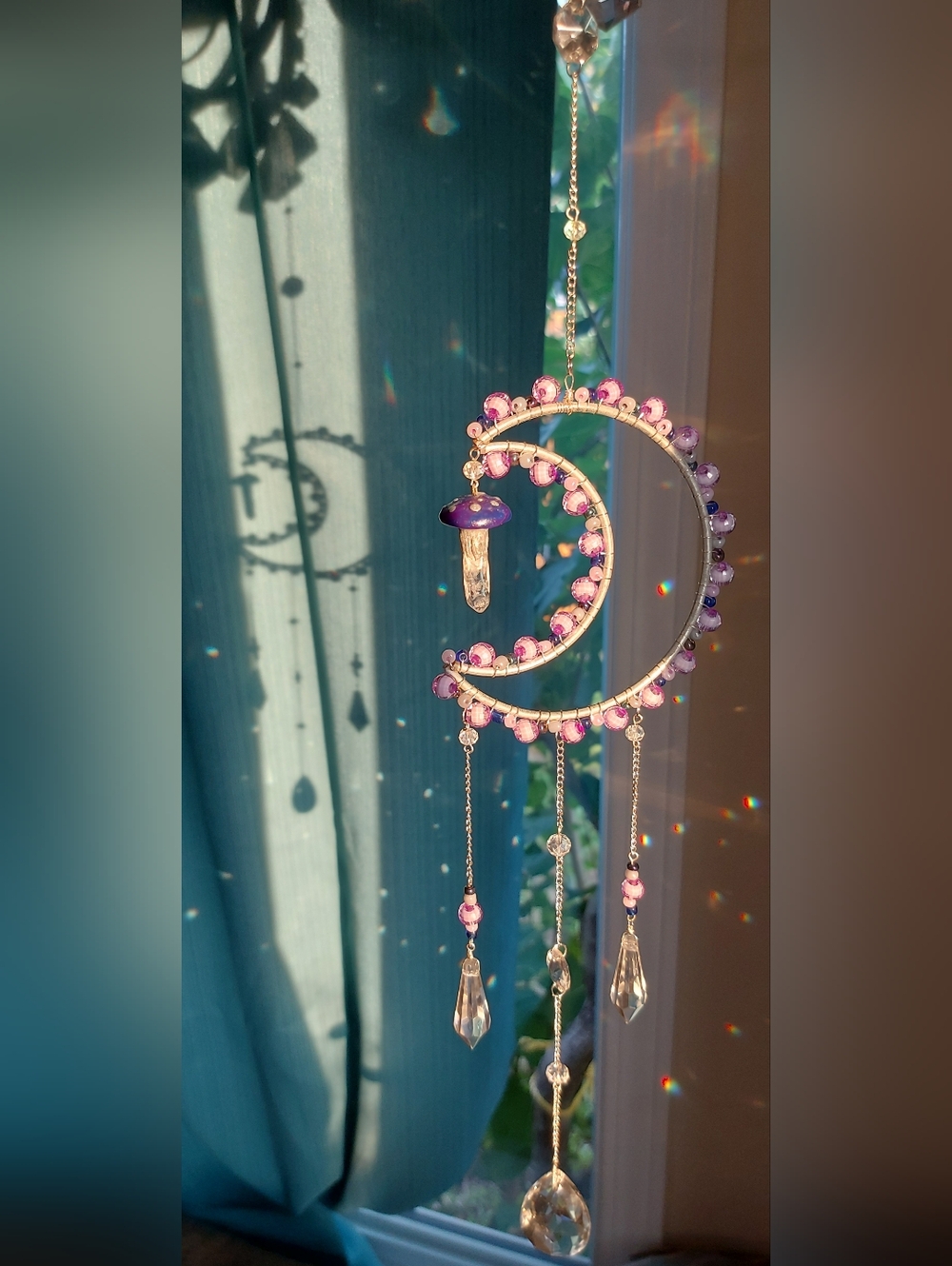 Purple Mushroom Crystal Moon Suncatcher